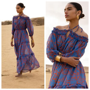 Mallory The Label Ramla Tiered Off Shoulder Maxi Dress S/M Blue Orange Floral